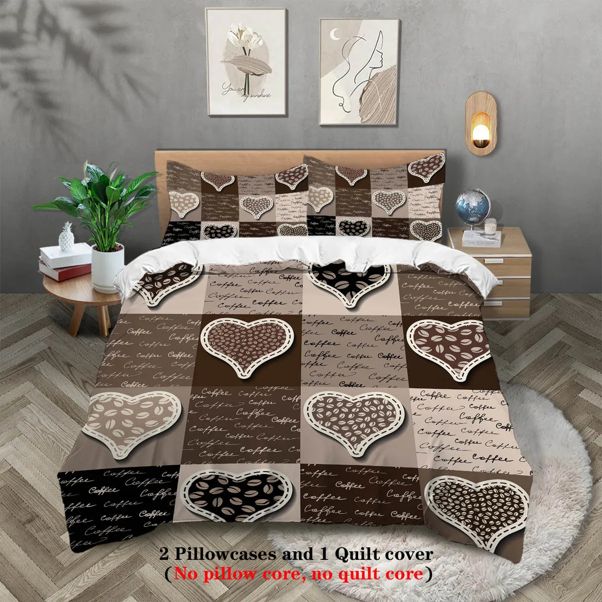 A set of two pillowcases and one quilt cover featuring a brown and black patterned design.