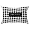 A black and white checkered decorative pillow cover with the text Good Morning centered on it.