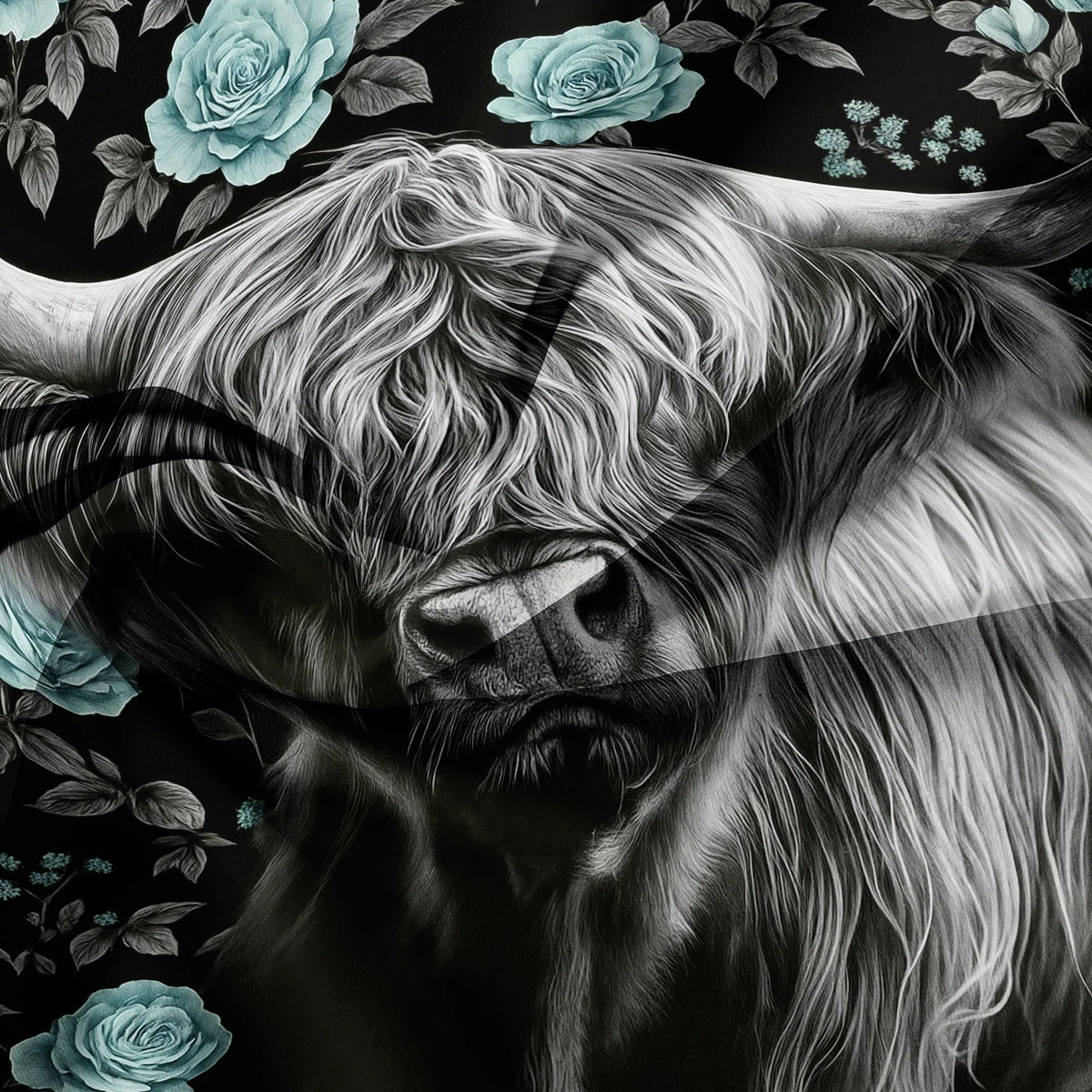 A close-up portrait of a Highland cow's head with long white hair and blue floral accents against a dark background.