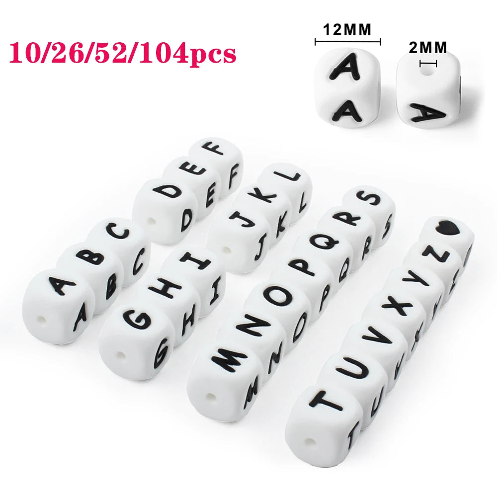 A set of white silicone alphabet beads ranging from A to Z, packaged in 10/26/52/104 pieces.