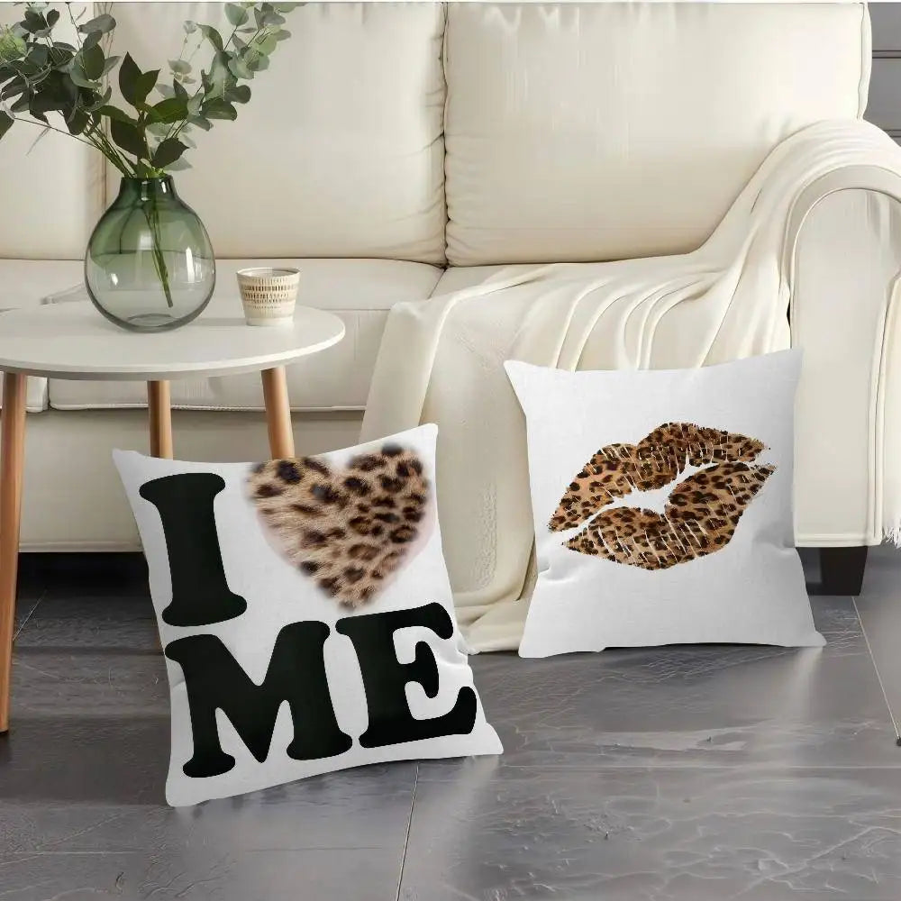 A white decorative pillow cover featuring a leopard print design with the text I ME.