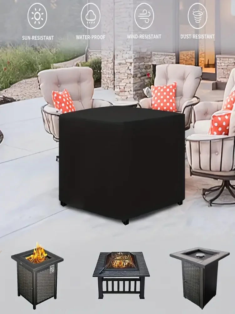 A black waterproof fire pit cover with a drawstring is shown in an outdoor patio setting.