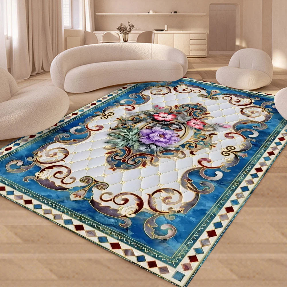 Elegant floral non-slip living room carpet featuring blue and white patterns in a room setting.