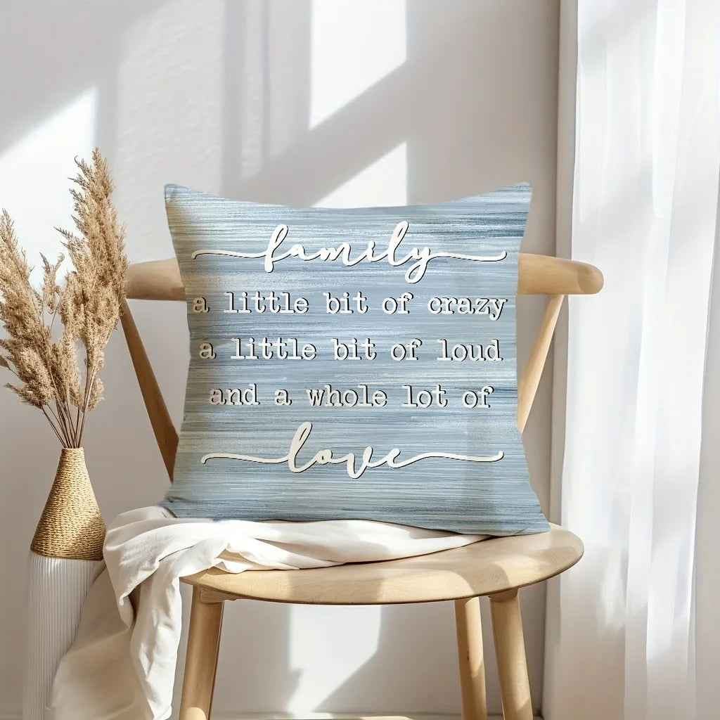 A light blue decorative pillow cover with white script text that reads family a little bit of crazy a little bit of loud and 