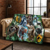 A fabric throw blanket featuring a watercolor illustration of various dinosaurs in a lush green jungle setting.