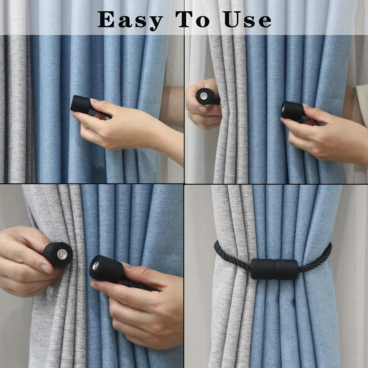 A set of magnetic curtain tiebacks in black and silver are shown being used to hold a blue and gray fabric curtain.