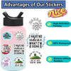 A collection of funny meme and nostalgia vinyl stickers displayed next to a bottle.