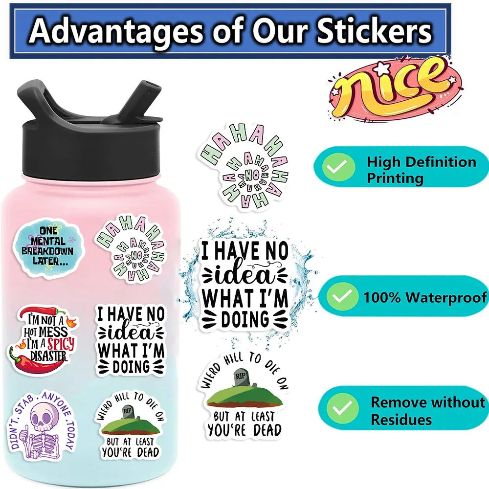 A collection of funny meme and nostalgia vinyl stickers displayed next to a bottle.
