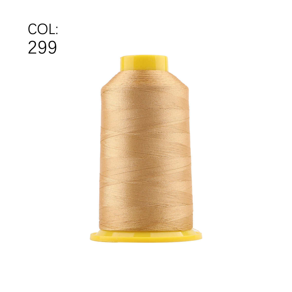 A spool of gold-colored high tenacity polyester embroidery thread with a yellow plastic core.