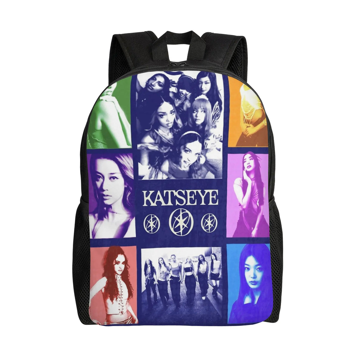 A black canvas backpack featuring a collage of female portraits and the name KATSEYE.