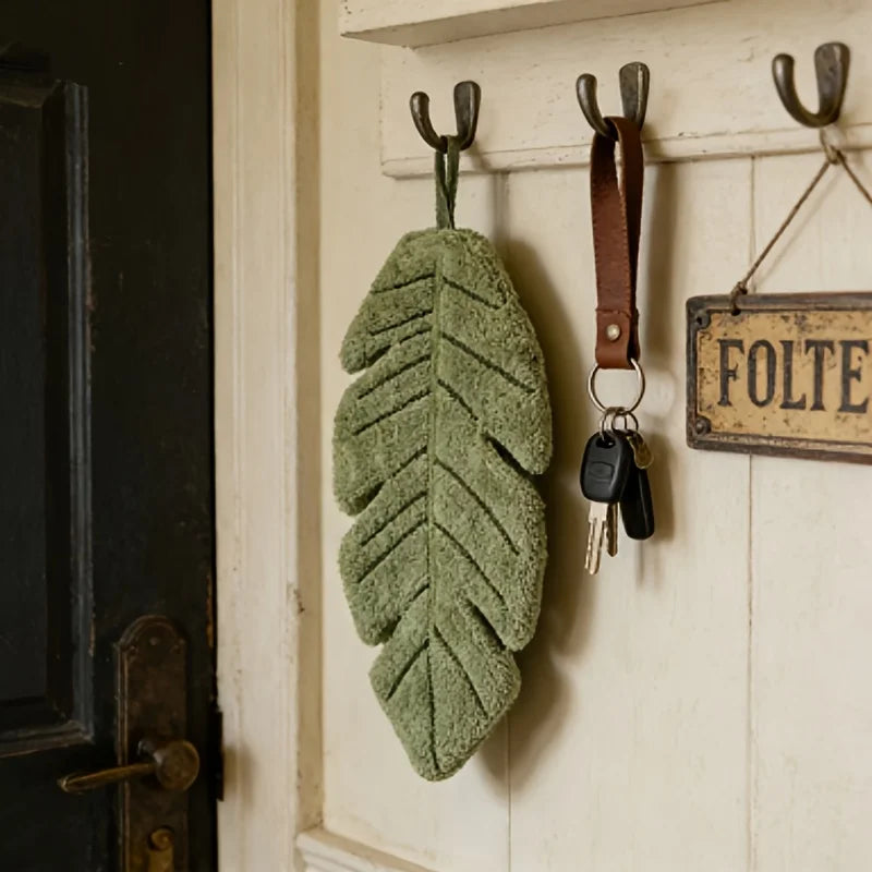 A green decorative banana leaf is hanging on a wooden wall with leather straps and keys.