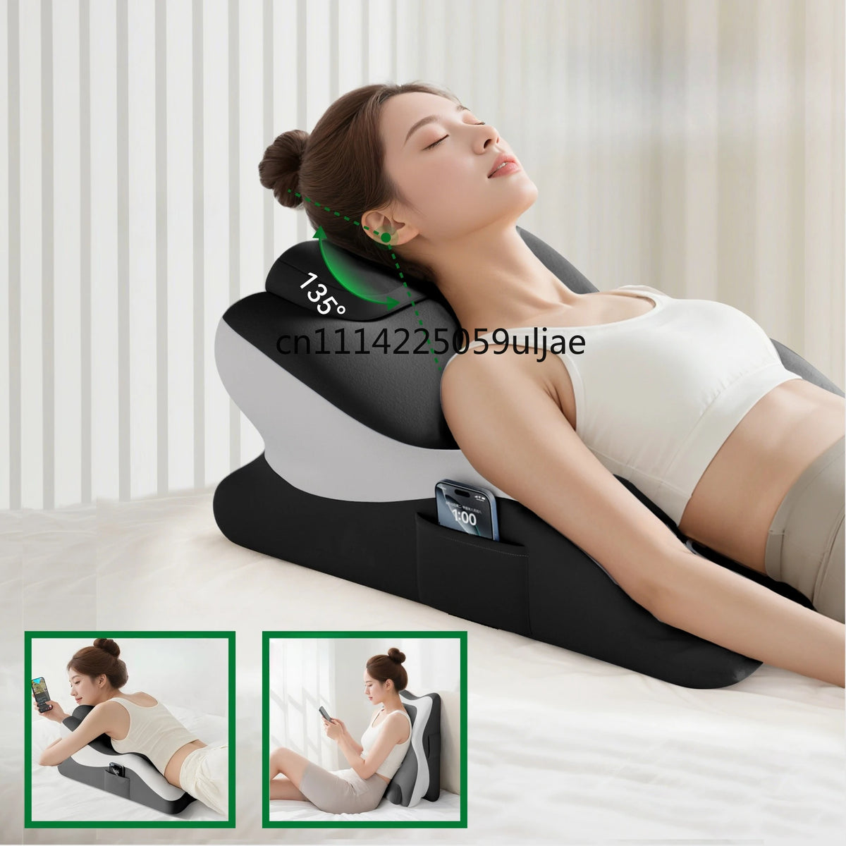 A woman is using a large memory foam body pillow for comfort, demonstrating its use with a digital angle measurement.