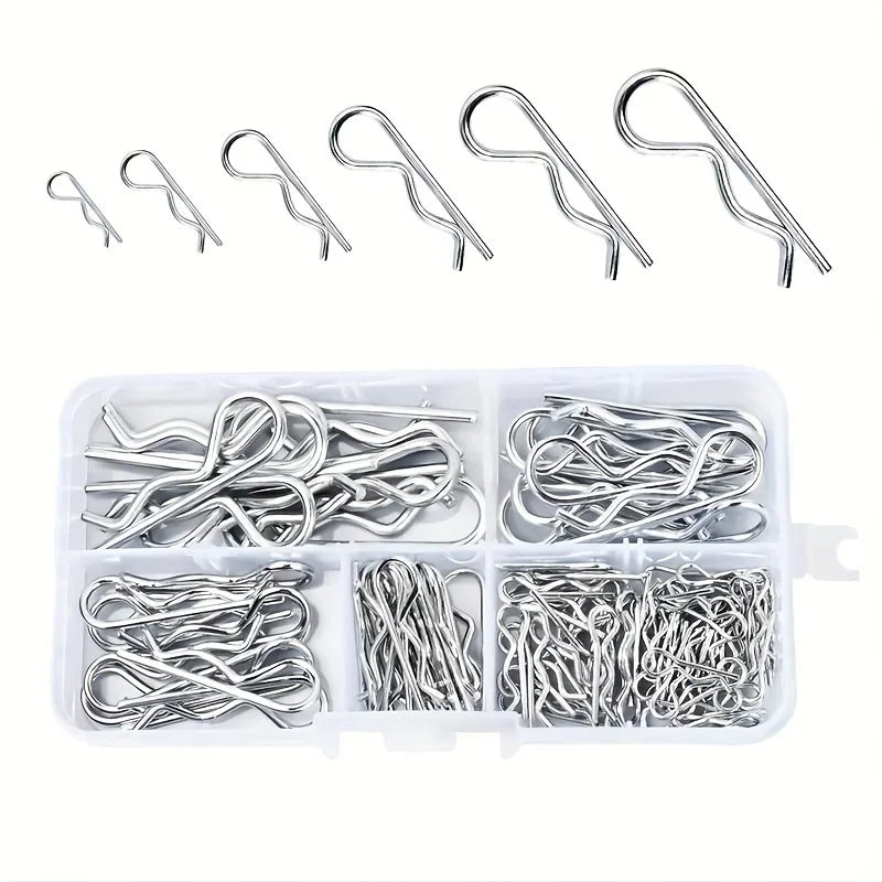 Assortment of galvanized steel cotter pins and R-clips arranged in a plastic container