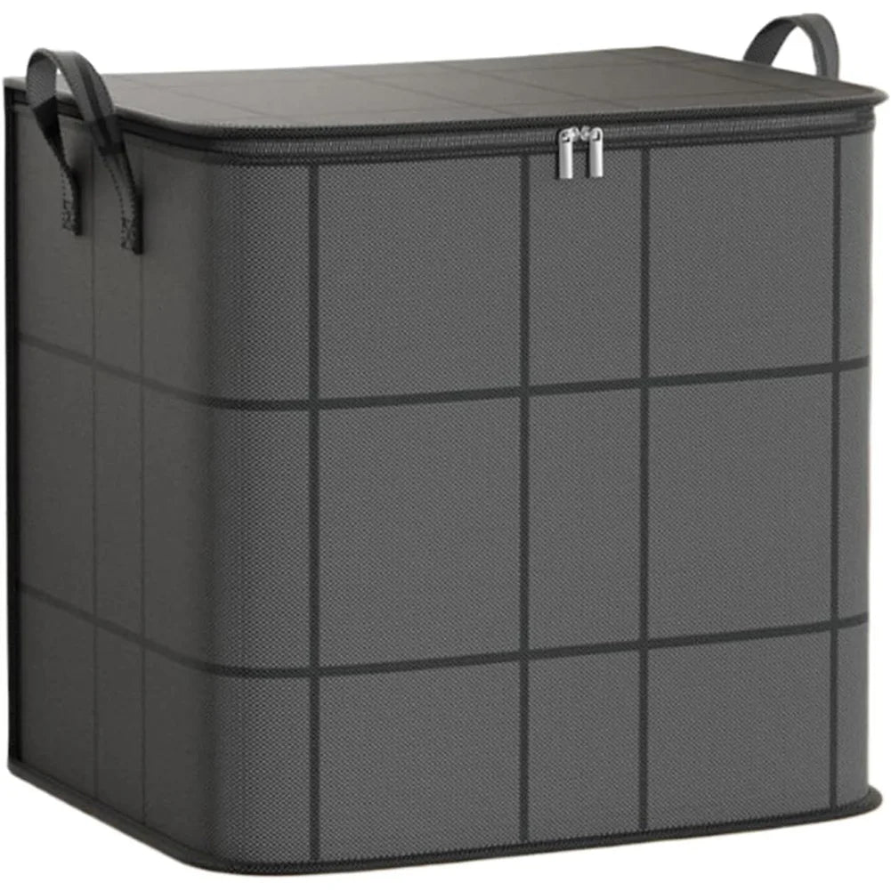 A dark gray portable folding storage bag with a hinged lid and carrying handles.