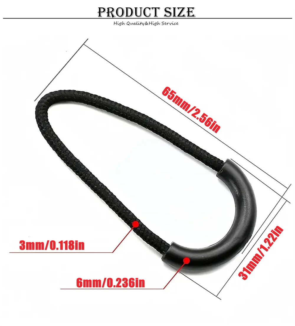 Black U-shape zipper pull straps shown with dimension markings.