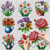 A collection of mini flower cross stitch designs featuring various blooms and a vase.