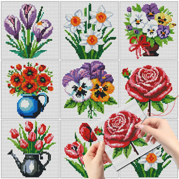 A collection of mini flower cross stitch designs featuring various blooms and a vase.
