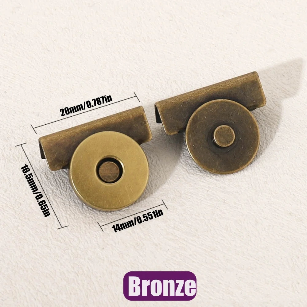 Bronze magnetic button clasps shown with dimension lines on a white background.