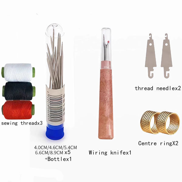 A collection of precision stainless steel sewing tools including needles, a knife, and rings.