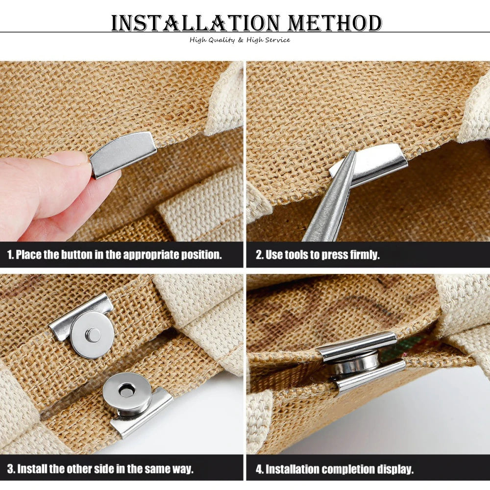 Installation method showing how to use seamless magnetic button clasps for bags and clothing.