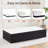 A tri-fold memory foam mattress shown in three folded configurations, demonstrating its easy to carry and stove features.