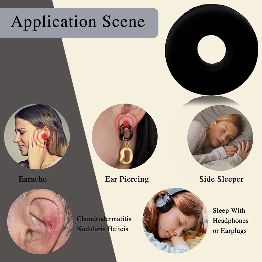 Image showing various ear piercing and sleep scenes including an ear, a nose ring, and a person sleeping with headphones or e