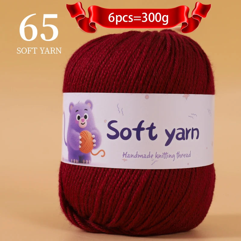 A ball of 65 soft red yarn, labeled as handmade knitting thread, ready for crafting.