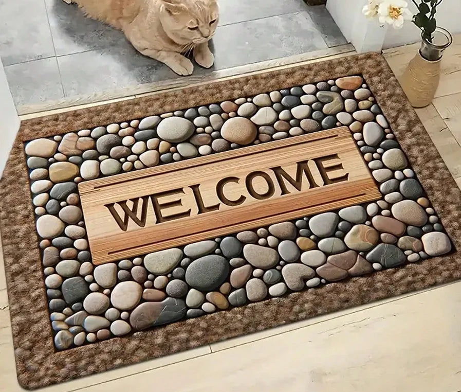 A welcome doormat made of smooth river stones with the word WELCOME carved into a wooden plaque.