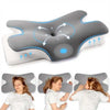 A gray ergonomic memory foam neck pillow is shown with a woman using it for sleep.