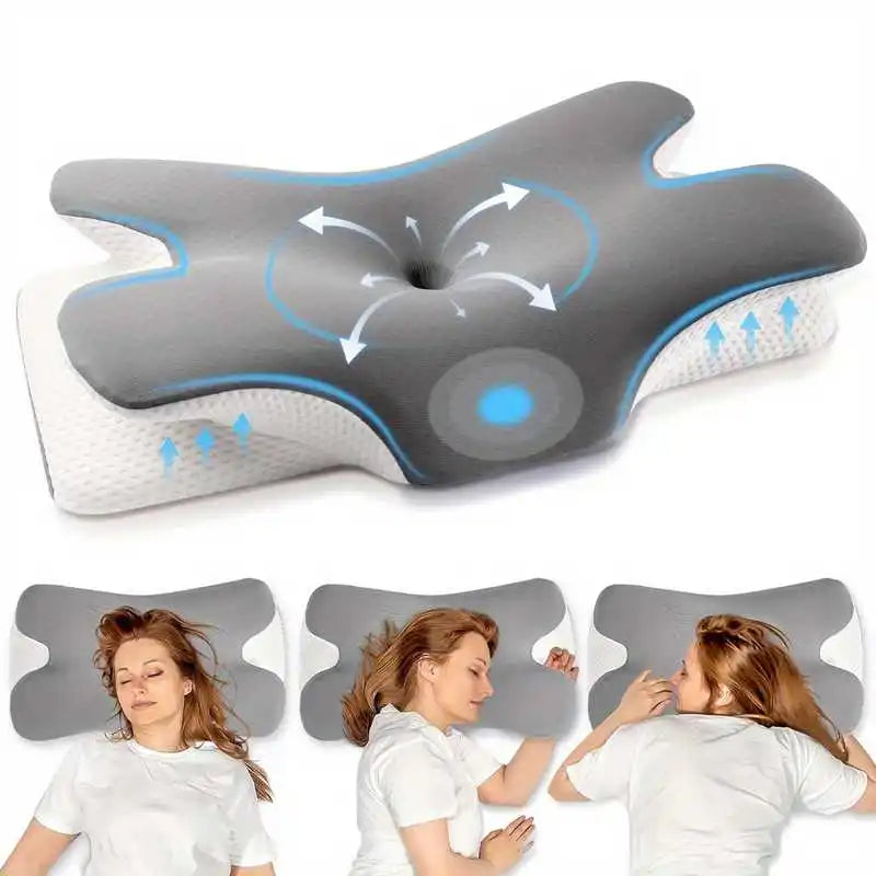 A gray ergonomic memory foam neck pillow is shown with a woman using it for sleep.