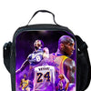 A black multi-compartment backpack featuring a graphic of Kobe Bryant in a Los Angeles Lakers jersey.