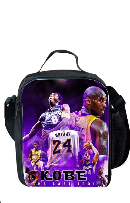 A black multi-compartment backpack featuring a graphic of Kobe Bryant in a Los Angeles Lakers jersey.
