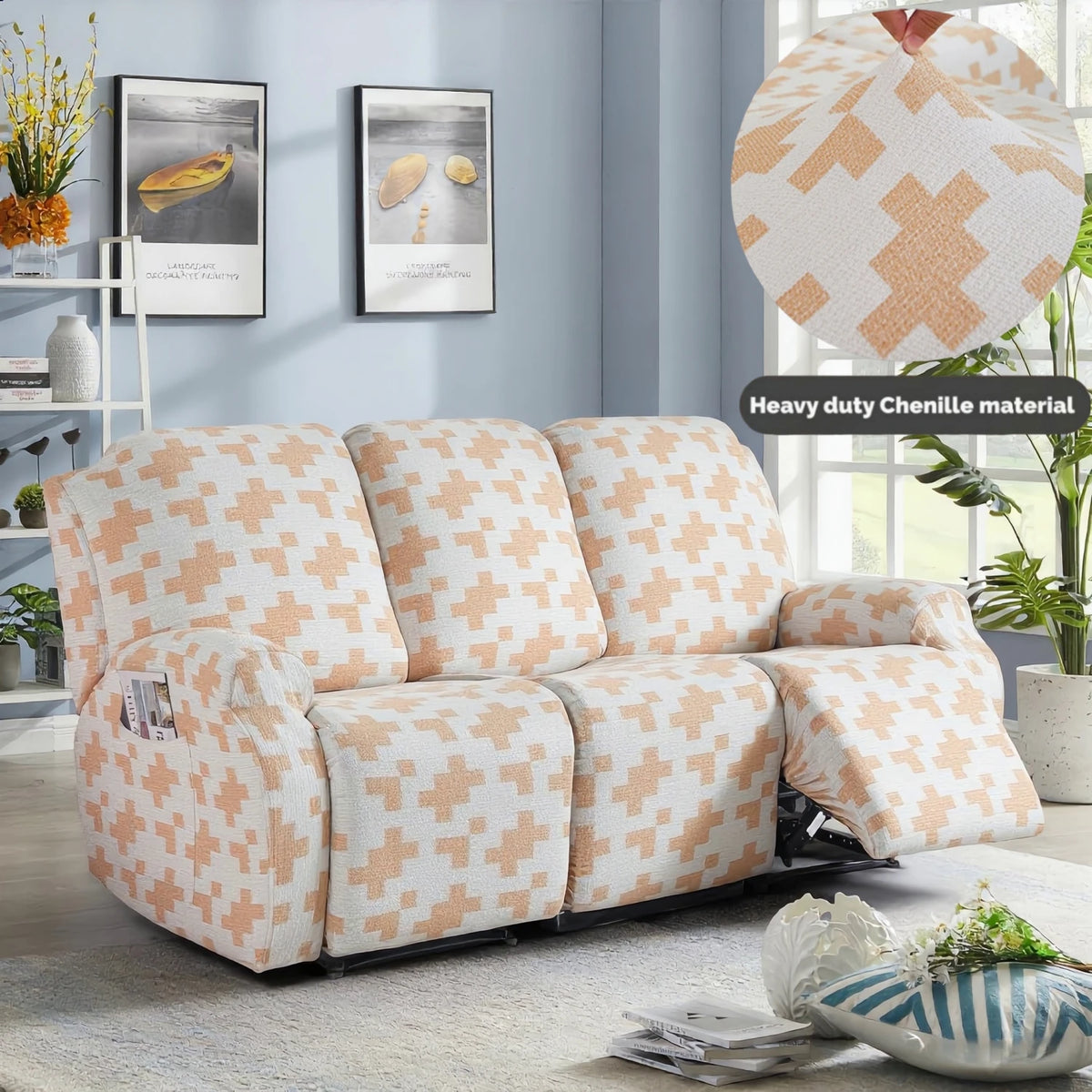 A beige and white patterned heavy-duty chenille recliner sofa slipcover sitting on a light gray floor.