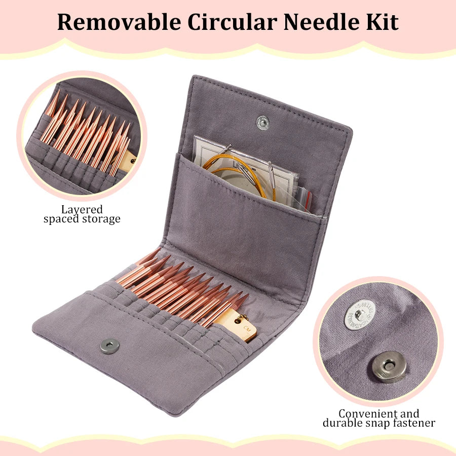 A gray storage case for a removable circular needle kit showing layered space and a durable snap fastener.