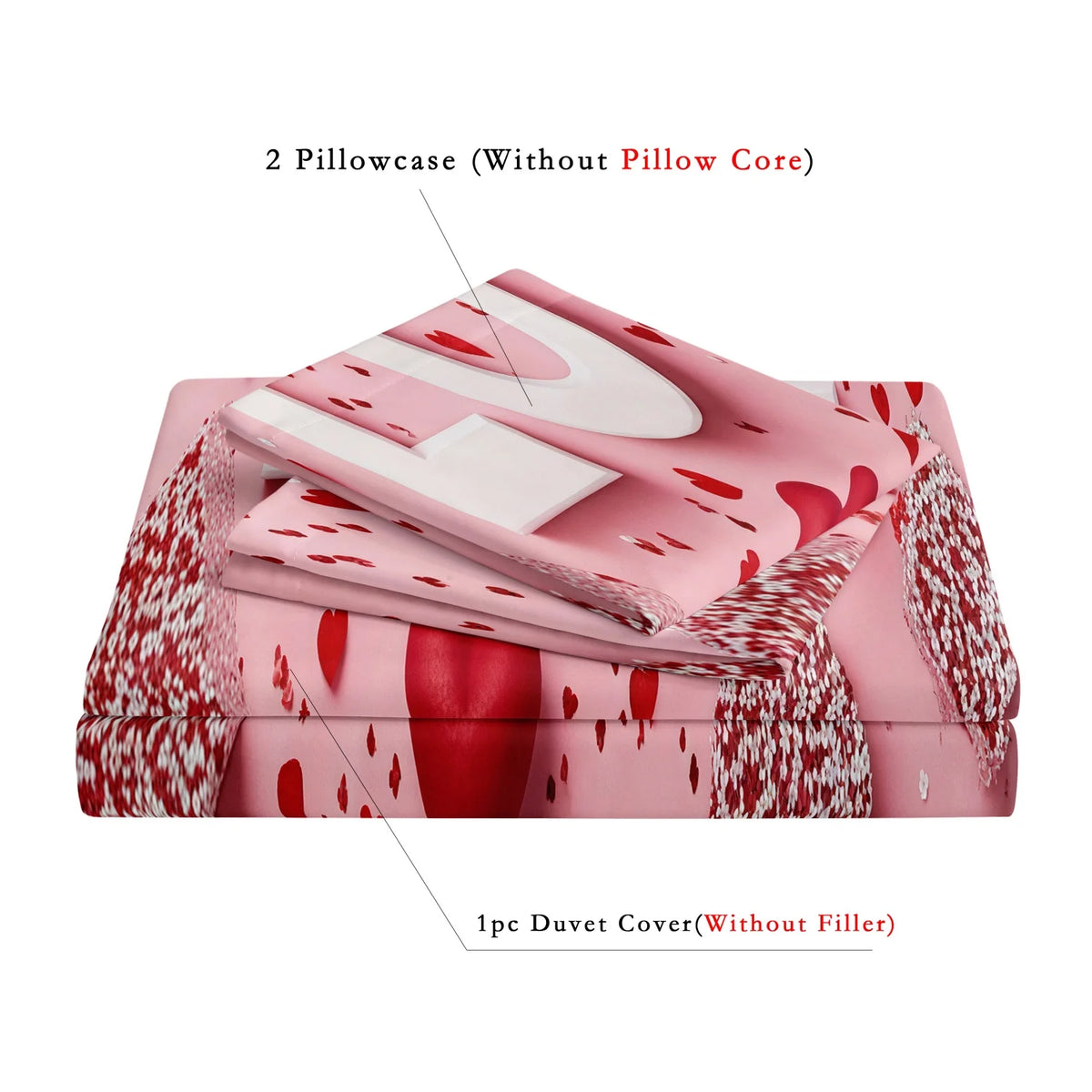 A pink bedding set featuring a floral pattern with red roses and white accents, including two pillowcases and one duvet cover