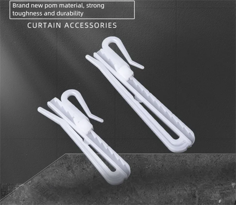Two white adjustable curtain hanging hooks are displayed against a dark background.