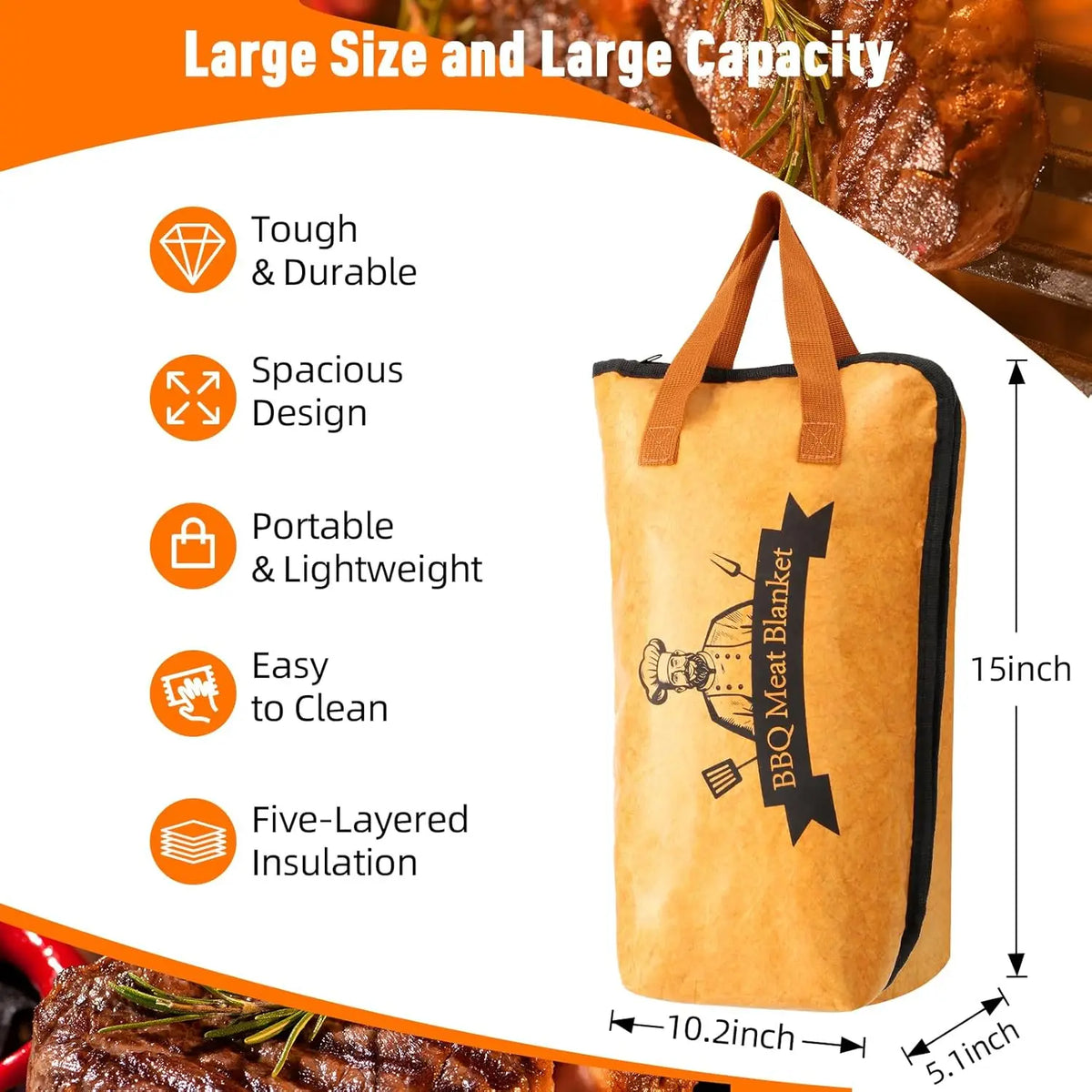 A tan insulated bag for BBQ meat, showing its features like durability and insulation.