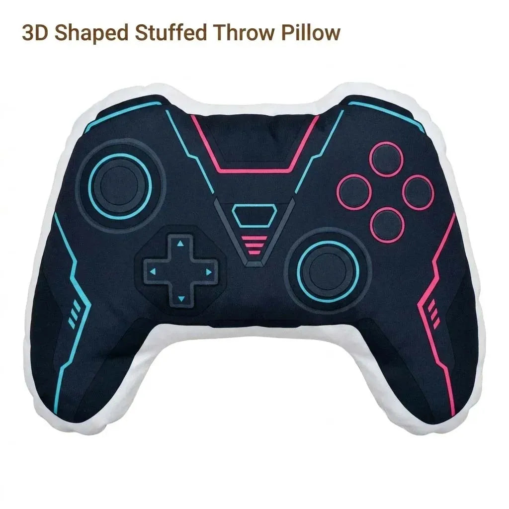 A dark blue and black 3D shaped stuffed throw pillow designed like a video game controller.