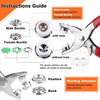 Instructions guide showing male and female buckle types and usage of metal prong snap button fasteners