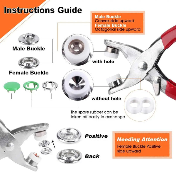Instructions guide showing male and female buckle types and usage of metal prong snap button fasteners