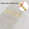 Close-up of a precision self-threading sewing needle kit showing various random colored gold and silver needles.