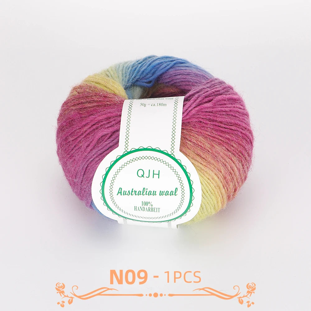 A ball of multi-colored wool yarn with a label indicating 30g and 180m length.