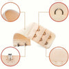 A set of beige adjustable bra extender straps with metal clasps shown in various angles.
