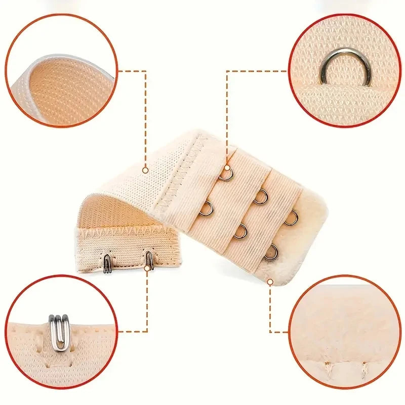 A set of beige adjustable bra extender straps with metal clasps shown in various angles.
