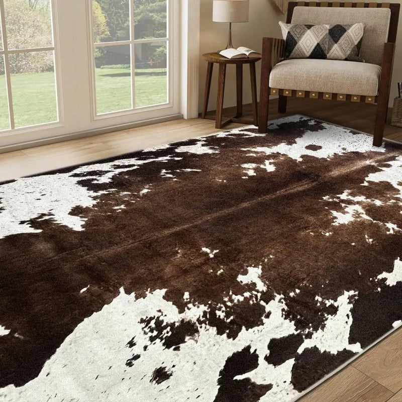 A cowhide print area rug featuring a brown and white mottled pattern in a western style.