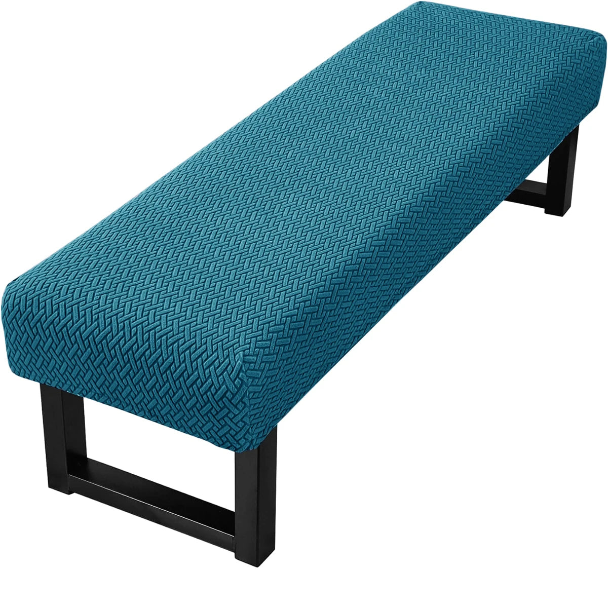 A teal stretch jacquard dining bench cover with a black frame.
