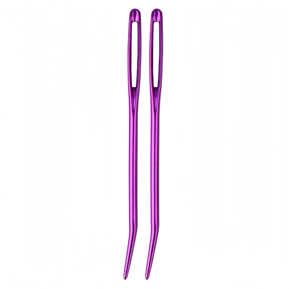 A set of 20 aluminum knitting needles and sewing pins in a vibrant purple color.