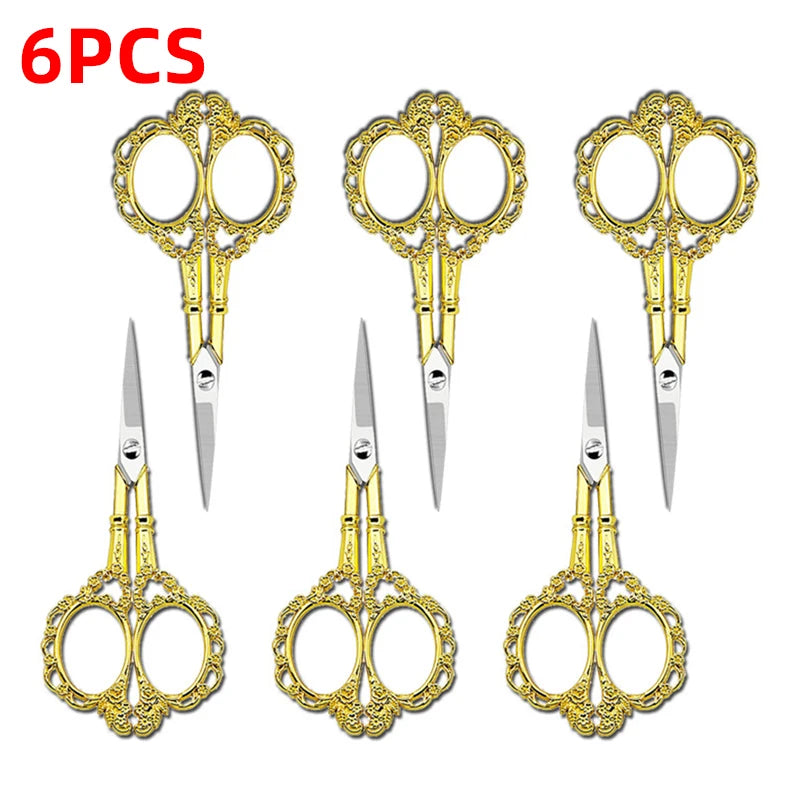 Six pairs of gold-colored crafting scissors with stainless steel blades and ornate handles