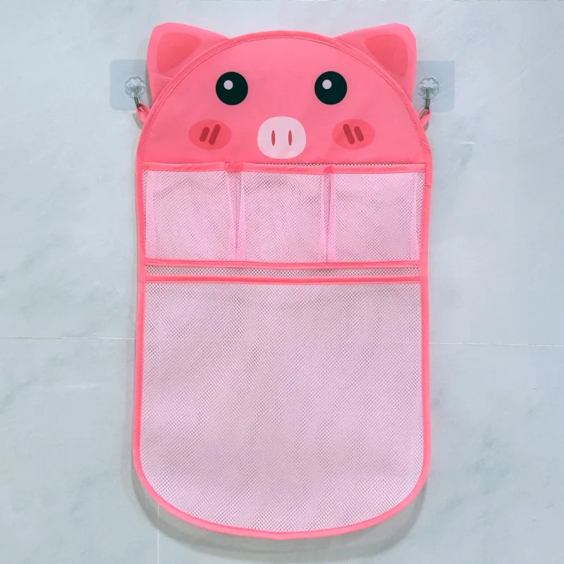 Pink silicone pig-shaped mesh storage bag for baby bath organizer