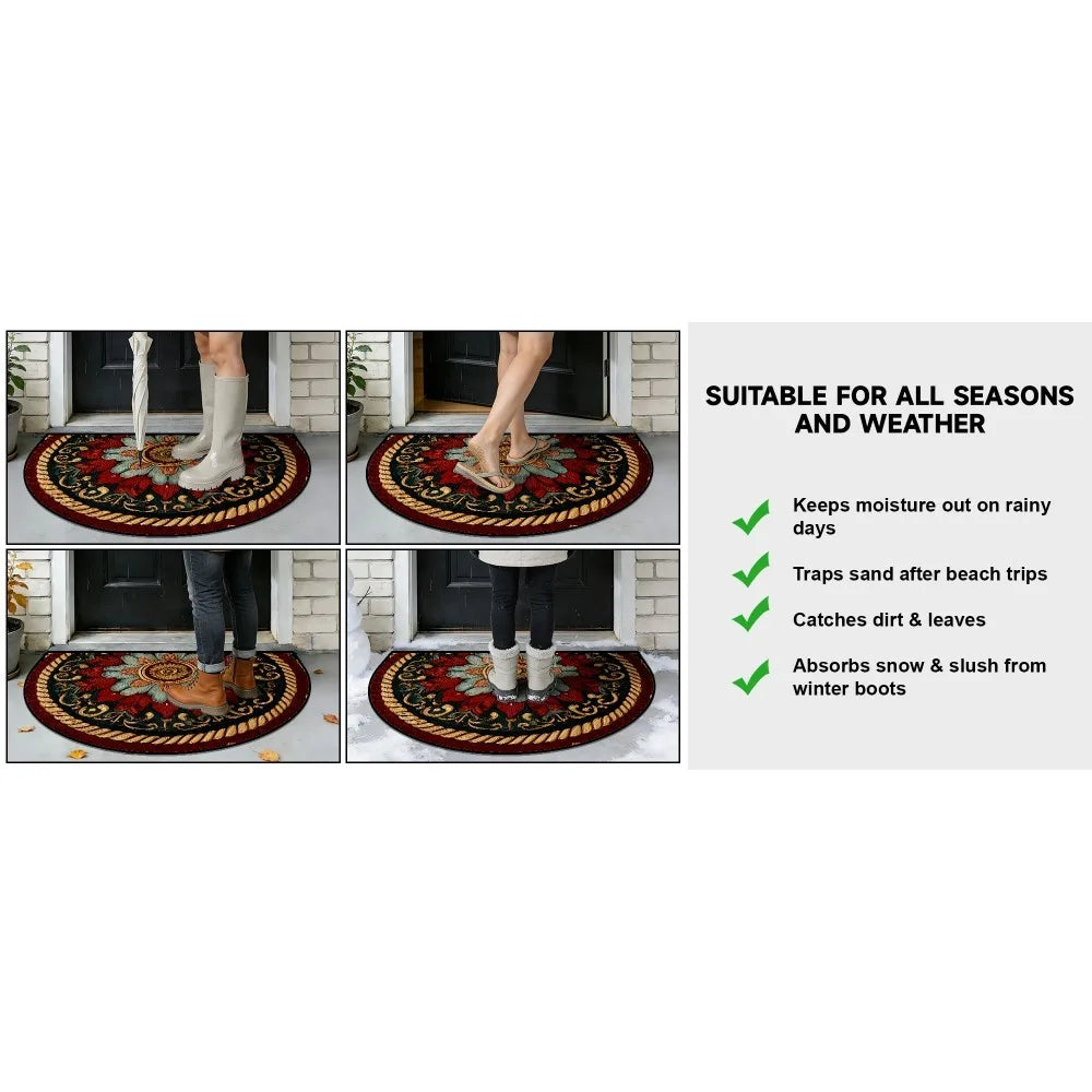 A set of boho dragonfly doormats showing various uses including keeping moisture out, trapping sand, and absorbing snow.